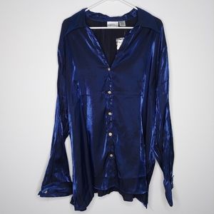 Fashion Bug Metallic Blue Button Shirt 5X Long Sleeve Collar Whimsigoth Y2K 90s